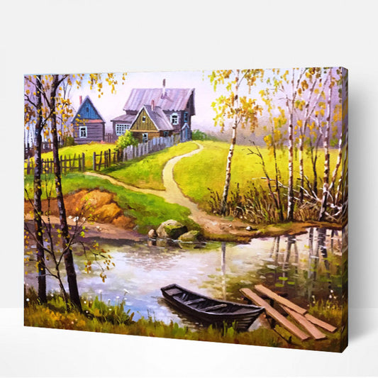 Petite barque sur l'eau en automne-PEINTURE PAR NUMERO