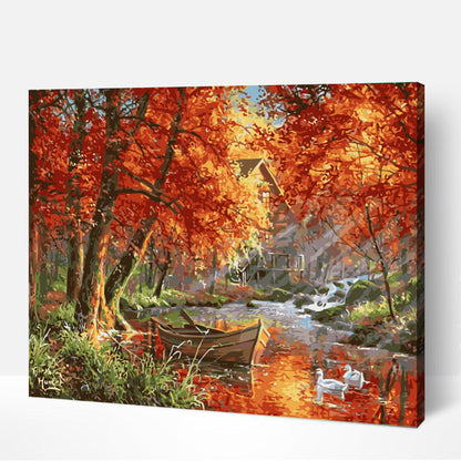 Rivière d'Automne et barque-PEINTURE PAR NUMERO