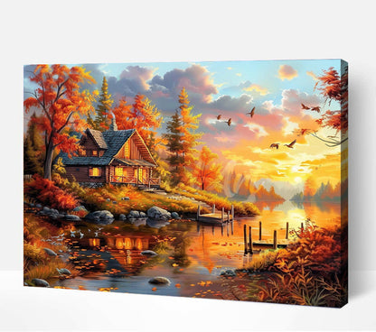 Coucher de soleil automnal près de la Cabane-PEINTURE PAR NUMERO